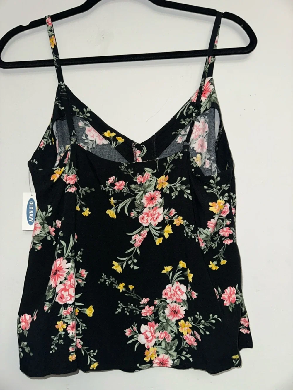 Floral V-Neck Spaghetti Strap Top - Black w/ Pink & Yellow Flowers, M - Picture 5 of 9